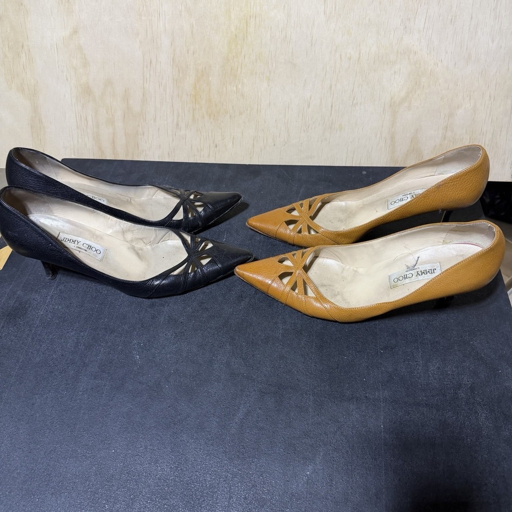 Jimmy Choo London Women 40 Leather Pointed Toe Heels Pumps Black Brown Lot 2 Pr